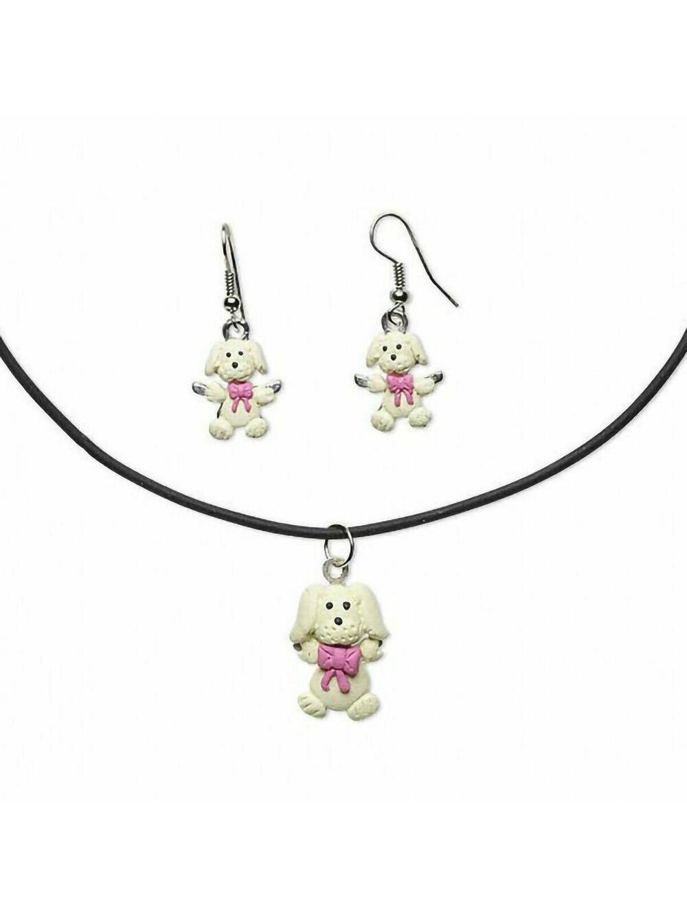 Handmade Puppy Dog with Bow Fimo Polymer Clay Necklace Earrings Jewelry Set
